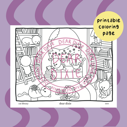 cat library digital coloring page